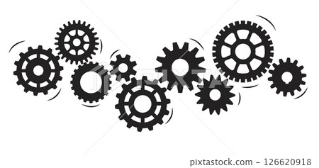 Rotating gears in single coherent mechanism black silhouette on white background. Industrial equipment assemble. Cogwheels connect. Engineering construction. Vector teamwork concept 126620918