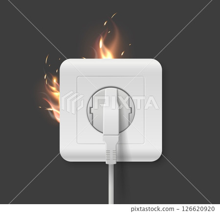 Short circuit in socket with flames and sparks due overloaded wiring. Accident with home power cable. Realistic wire plug. Electricity outlet in fire. Surge shock. Vector 3D object 126620920