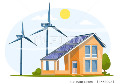 Solar panels on roof of house with wind mill farms generating electricity. Suburban home. Ecological energy. Green technology. Residential building. Vector modern architecture concept Solar panels on roof of house with wind mill farms generating electricity. Suburban home. Ecological energy. Green technology. Residential building. Vector modern architecture concept 126620921