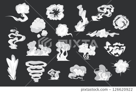 Special effects template with different smoke and blast explosion. Vapor puff. Haze and gas. White mist. Comic fog animation. Swirl cloudy shapes. Cigarette smoking. Vector dust clouds set 126620922
