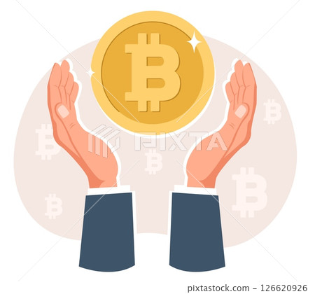 Two traders hands holding bitcoin gold coin. BTC cryptocurrency. Blockchain technology. Investor arms with crypto money. Financial investment. Electronic currency exchange. Vector concept Two traders hands holding bitcoin gold coin. BTC cryptocurrency. Blockchain technology. Investor arms with crypto money. Financial investment. Electronic currency exchange. Vector concept 126620926