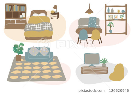 Hand-drawn illustrations of living room, dining room and bedroom 126620946