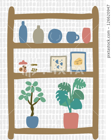 時尚的室內裝潢、貨架和陳列品的插圖 126620947