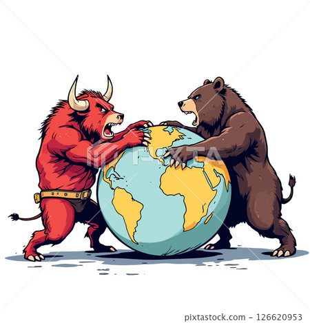 Vsai bull and bear fighting over planet earth representing stock market volatility Vsai bull and bear fighting over planet earth representing stock market volatility 126620953