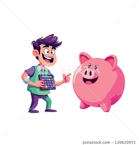 Vsai accountant holding calculator showing piggy bank, saving money concept Vsai accountant holding calculator showing piggy bank, saving money concept 126620955