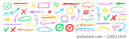 Line pencil arrow color brush kid style set. Crayon chalk scribble, underline and check mark cute highlight texture. Hand drawn pastel marker sign, heart doodle design elements. Vector 126621019