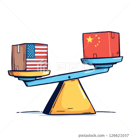 Vsai trade war, usa and china flags on cardboard boxes on scales, comparing economies 126621037
