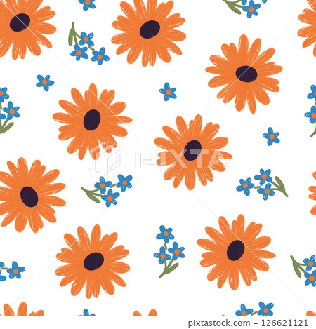 Cheerful floral pattern, orange and blue. Modern floral aesthetic, great floral design Cheerful floral pattern, orange and blue. Modern floral aesthetic, great floral design 126621121