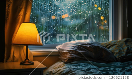Cozy bedroom interior with soft lamp light and raindrops on window, creating a calm, rainy evening atmosphere. 126621138