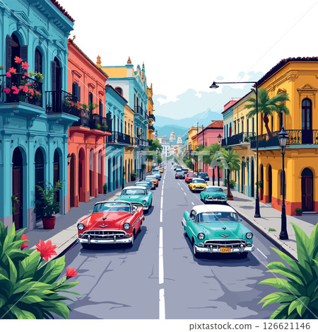 Vsai colorful vintage cars driving on street in colonial city with colorful buildings 126621146