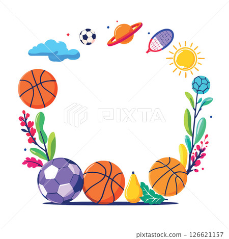Vsai sports balls and nature elements creating decorative frame border 126621157