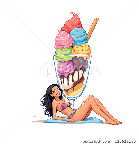 Vsai woman relaxing near giant colorful ice cream sundae 126621159