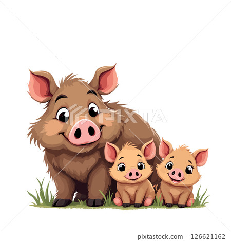 Vsai happy wild boar family posing in grass field Vsai happy wild boar family posing in grass field 126621162