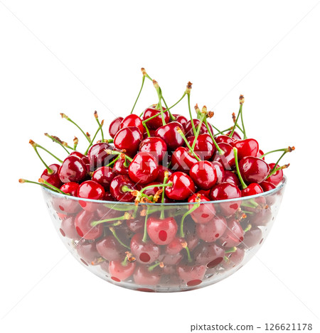 glass bowl with cherries isolated on white background glass bowl with cherries isolated on white background 126621178