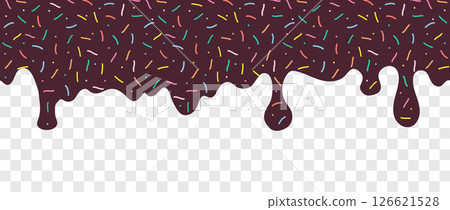 Simple Sprinkle pattern. Chocolate brown wave border with colorful sprinkles. Strawberry ice cream melted on transparent background. Vector Illustration Simple Sprinkle pattern. Chocolate brown wave border with colorful sprinkles. Strawberry ice cream melted on transparent background. Vector Illustration 126621528