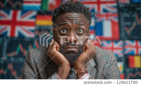Worried international investor analyzing market trends and global currencies 126621700