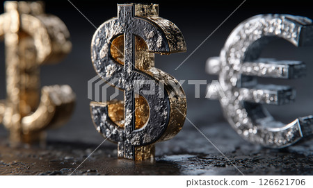 Intricate close-up of currency symbols highlighting richness and design 126621706