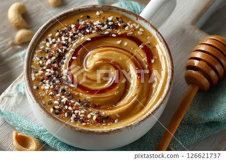 Creating a delicious bowl of thai peanut sauce in a bright kitchen Creating a delicious bowl of thai peanut sauce in a bright kitchen 126621737