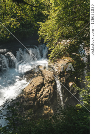 Waterfall lush greenery. Natural landscape with a waterfall Waterfall lush greenery. Natural landscape with a waterfall 126621889