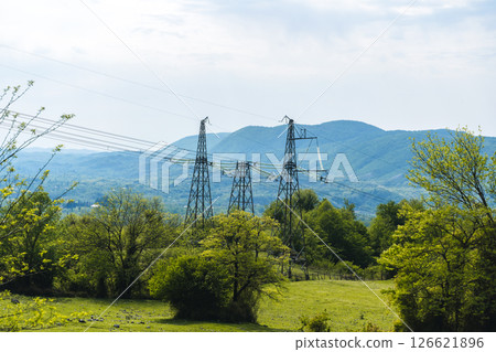 Power Lines Crossing Mountain Landscape in Georgia 126621896