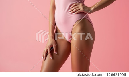 close-up to silky smooth curvy woman legs: hips and thighs isolated on pink background; copy space 126621906