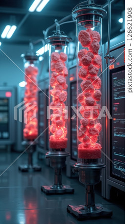 Vertical bioreactor system with cultured meat cells and digital monitors in advanced laboratory 126621908