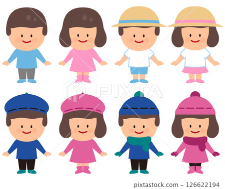 Illustration set of children wearing spring, summer, autumn and winter clothes 126622194