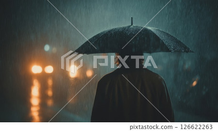 Back view of a man holding an umbrella 126622263