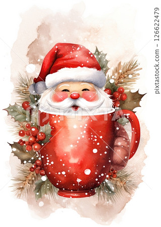 Coffee mug with Santa Claus. Vintage postcard design. Generative Ai 126622479