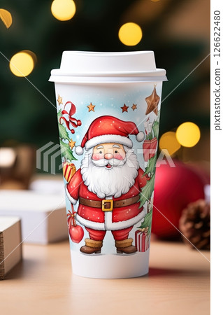 Coffee cup with Santa Claus image on it. Generative Ai 126622480