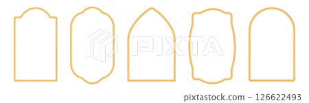 Collection of golden arches in oriental style. Arabic golden frames, traditional islamic window shape, gates, doors, mosque arches, moroccan borders. Muslim architecture design elements. Vector Collection of golden arches in oriental style. Arabic golden frames, traditional islamic window shape, gates, doors, mosque arches, moroccan borders. Muslim architecture design elements. Vector 126622493