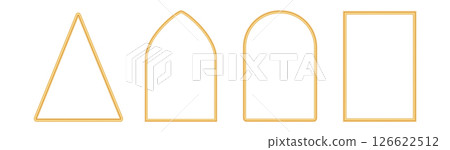 Collection of golden shiny arches. Luxury realistic triangular, rectangle frame, window shape, gate, door, geometric arch in oriental style. Arabesque border, islamic decorative element. Vector Collection of golden shiny arches. Luxury realistic triangular, rectangle frame, window shape, gate, door, geometric arch in oriental style. Arabesque border, islamic decorative element. Vector 126622512