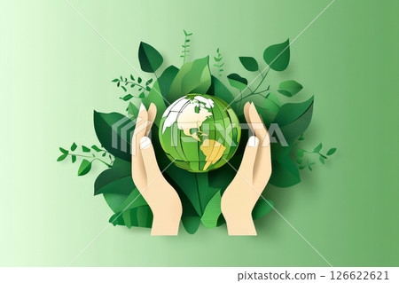 Protecting planet with hands holding globe surrounded by green leaves 126622621
