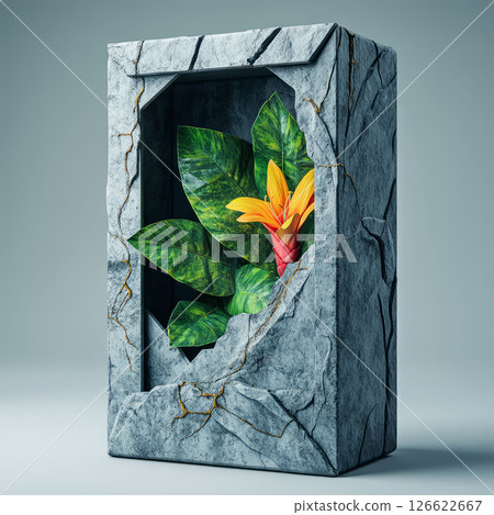 futuristic self opening package with stone like exterior reveals vibrant tropical plants and flowers inside, showcasing nature beauty 126622667