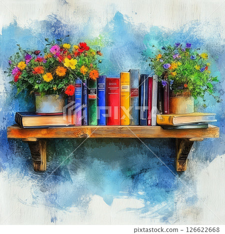 vibrant bookshelf adorned with colorful flowers, showcasing blend of books and nature beauty , watercolor illustration 126622668