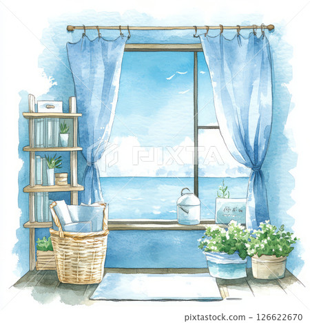 serene watercolor interior featuring window with ocean view, blue curtains, and plants. cozy atmosphere invites relaxation and tranquility 126622670