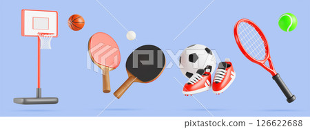 Sport game equipment. Basketball stand with basket, tennis and ping pong rackets, soccer boots with ball for training and competition isolated on blue background Cartoon 3d render set. 3D illustration 126622688