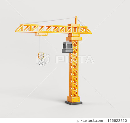 Tower crane with boom, hook and control cabin. Industrial machinery for building house on construction site. Yellow equipment for loading and unloading materials. Cartoon render icon. 3D illustration 126622830