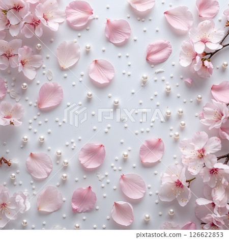 A gentle spring background with cherry blossom petals and pearls. 126622853