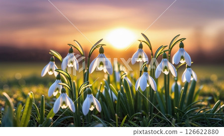 The elegant silhouette of snowdrops illuminated by the setting sun 126622880