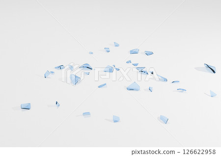 3DCG image of blue glass fragments scattered on a white floor 3DCG image of blue glass fragments scattered on a white floor 126622958