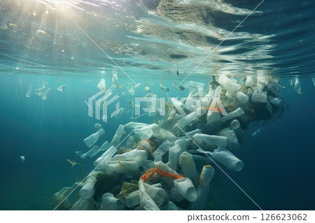 Plastic waste in the ocean. Pollution, environment, ecology concept. Ai generative 126623062