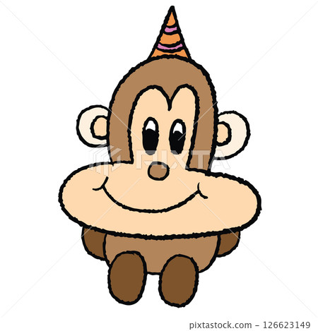 Hand drawn monkey wearing party hat in crayon style for animal, zoo, amusement park, sticker, cartoon character, comic, mascot, plush toy, kid doll, cute patch, brooch, tattoo, shirt print, icon, logo 126623149
