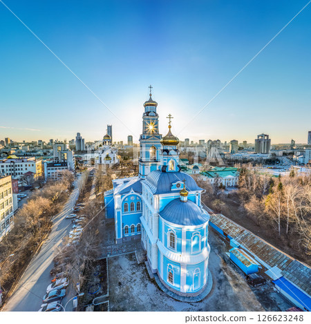 Spring or Autumn Yekaterinburg, Temple of the Ascension and Temple on Blood in beautiful clear sunset. 126623248