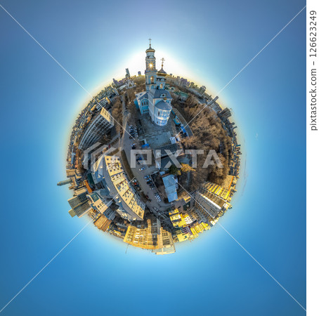 Spring or Autumn Yekaterinburg, Temple of the Ascension and Temple on Blood in beautiful clear sunset. Little planet sphere mode. 126623249