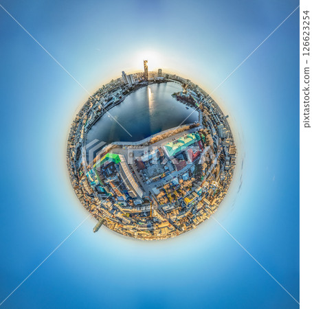Yekaterinburg city with Buildings of Regional Government and Parliament, Dramatic Theatre, Iset Tower, Yeltsin Center, Aerial View. Little planet sphere mode 126623254