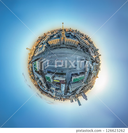 Yekaterinburg City Administration or City Hall. Central square. Evening city in the early spring, Aerial View. Little planet sphere mode. Yekaterinburg City Administration or City Hall. Central square. Evening city in the early spring, Aerial View. Little planet sphere mode. 126623262