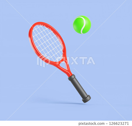 Tennis racket and ball render icon set. Sports equipment for tournament match and court play. Red racquet with strings, black handle and flying green ball isolated on blue background. 3D illustration 126623271