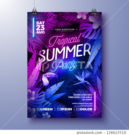 Summer Party Flyer Design Template with Glowing Neon Light on Fluorescent Tropic Leaves Background. Vector Summer Celebration Holiday Illustration for Banner, Flyer, Invitation or Celebration Poster. 126623518