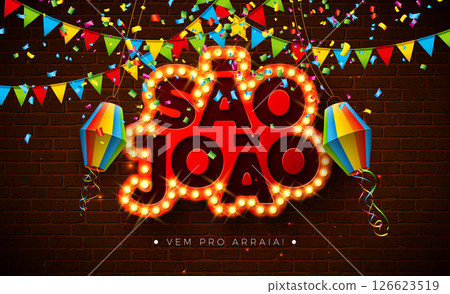 Festa Junina Banner Illustration with Party Flags, Paper Lantern and Sao Joao Light Bulb Billboard Letter on Brick Wall Background. Vector Brazil June Festival Design Template for Post Card, Greeting 126623519
